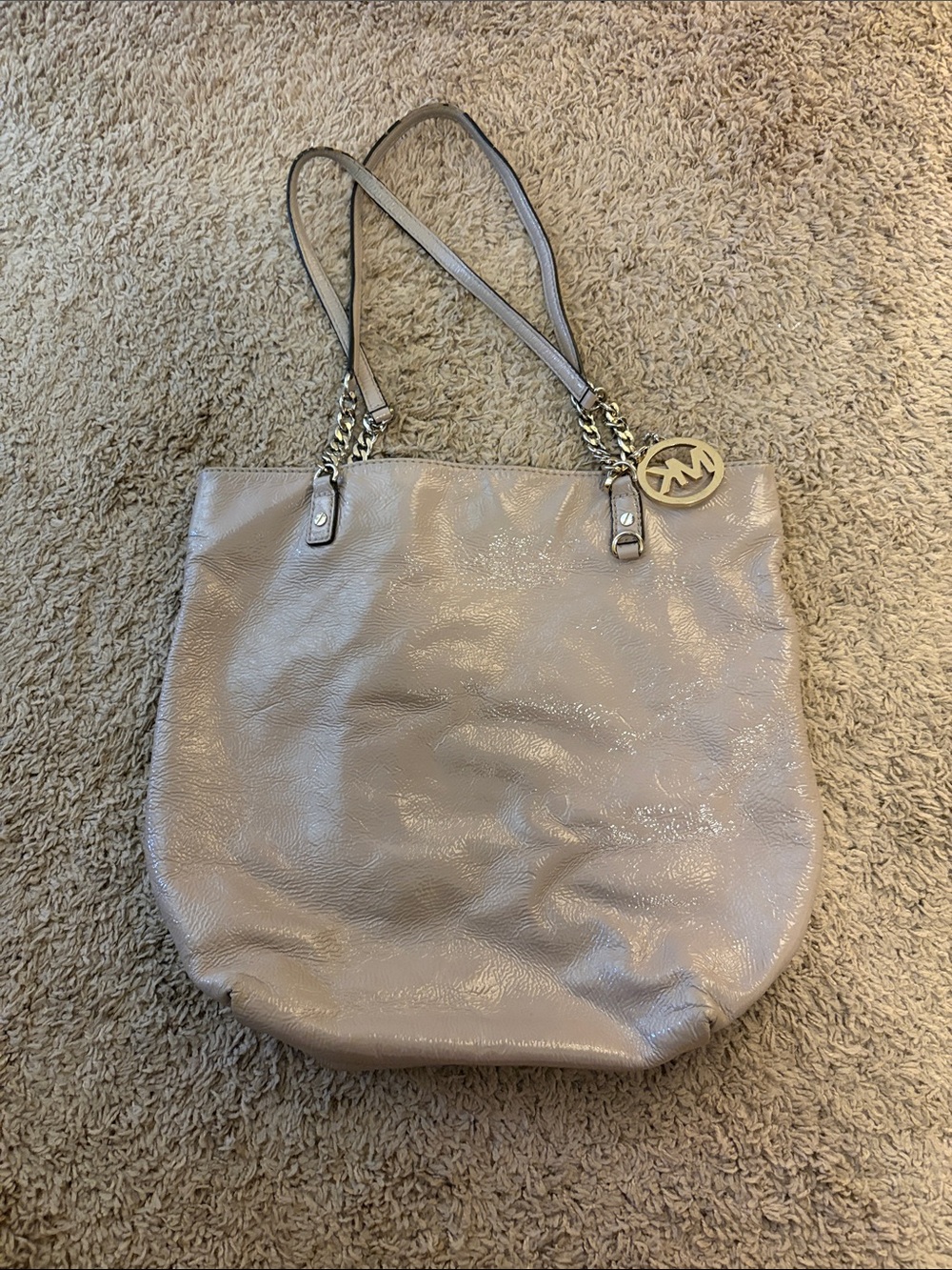 Michael Kors Taupe Leather Tote with Gold MK Charm